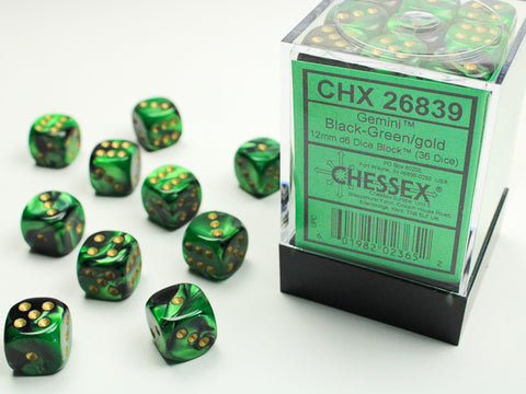 Chessex Gemini 12mm d6 Black-Green/gold Dice Block (36 dice)