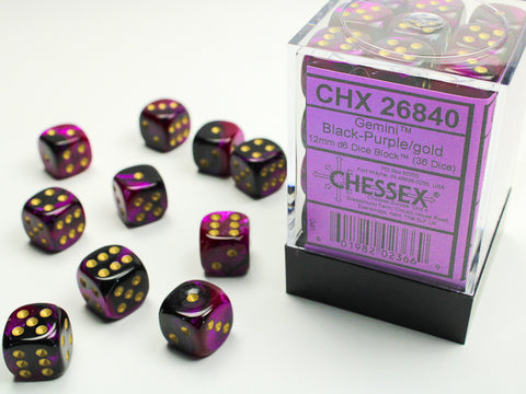 Chessex Gemini 12mm d6 Black-Purple/gold Dice Block (36 dice)