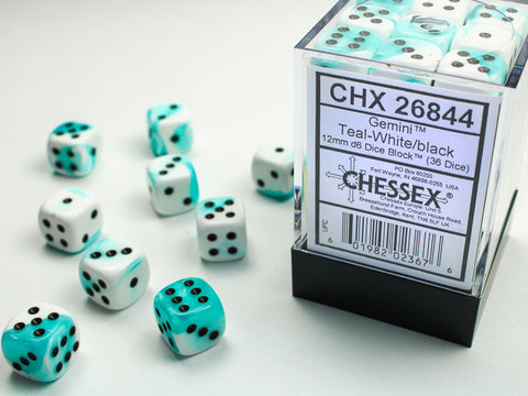 Chessex Gemini 12mm d6 Teal-White/black Dice Block (36 dice)
