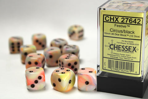 Chessex Festive 12mm d6 Circus/black Dice Block (36 dice)