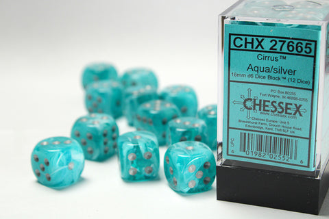 Cirrus Aqua/Silver 16mm d6 Dice Block (12 dice)