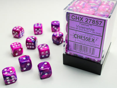 Chessex Festive 12mm d6 Violet/white Dice Block (36 dice)