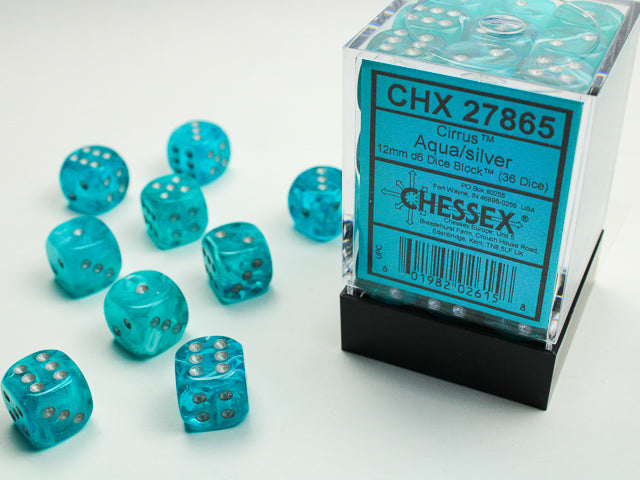 Cirrus Aqua/Silver 12mm d6 Dice Block (36 dice)