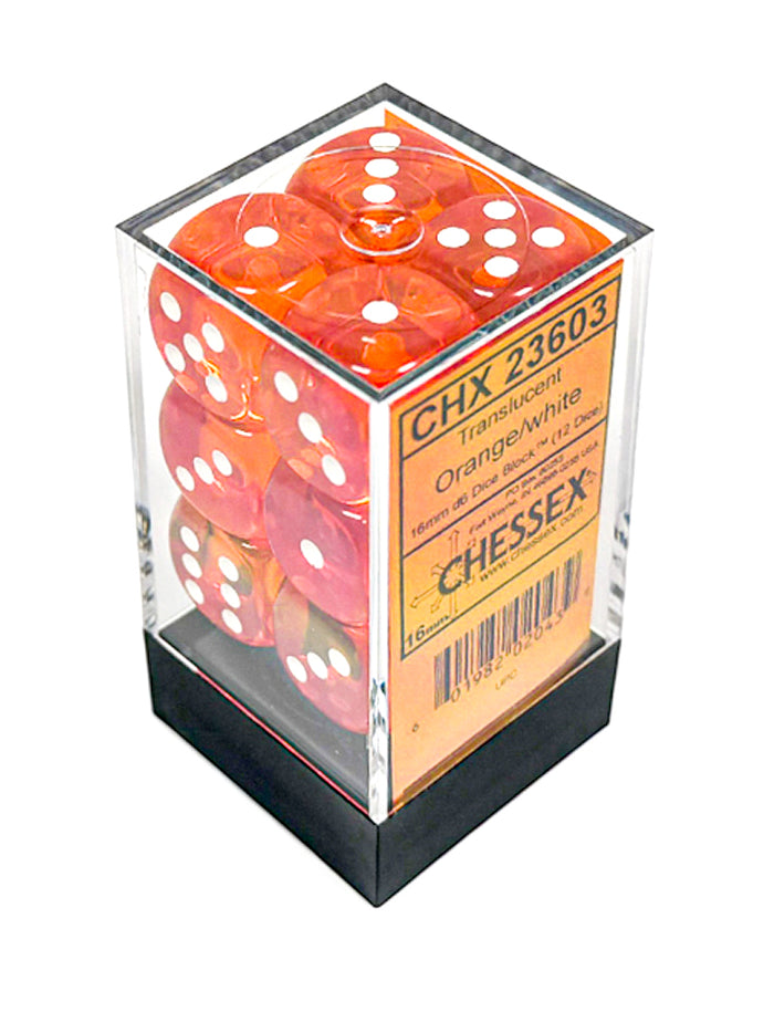 Chessex Translucent Orange/White 16mm D6 Dice Block™ (12 dice)
