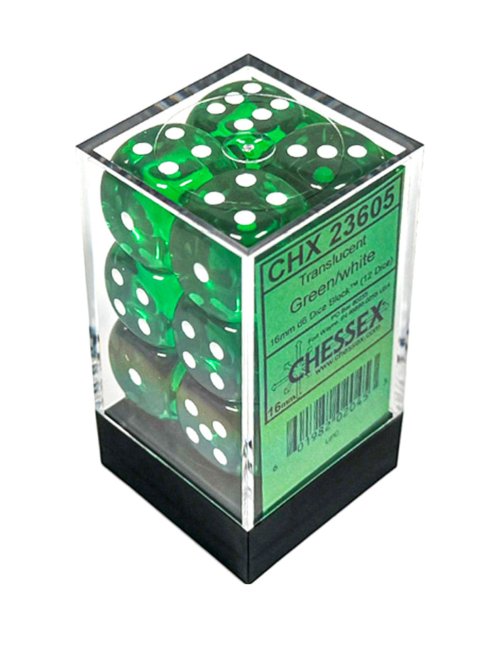 Chessex Translucent Green/White 16mm D6 Dice Block™ (12 dice)