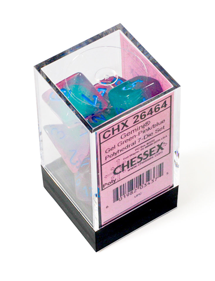Chessex Gemini Gel Green-Pink/Blue Luminary Polyhedral 7-Dice Set