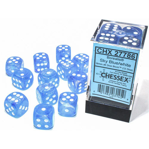 Chessex Borealis D6 Dice Set: 16mm Sky Blue/White