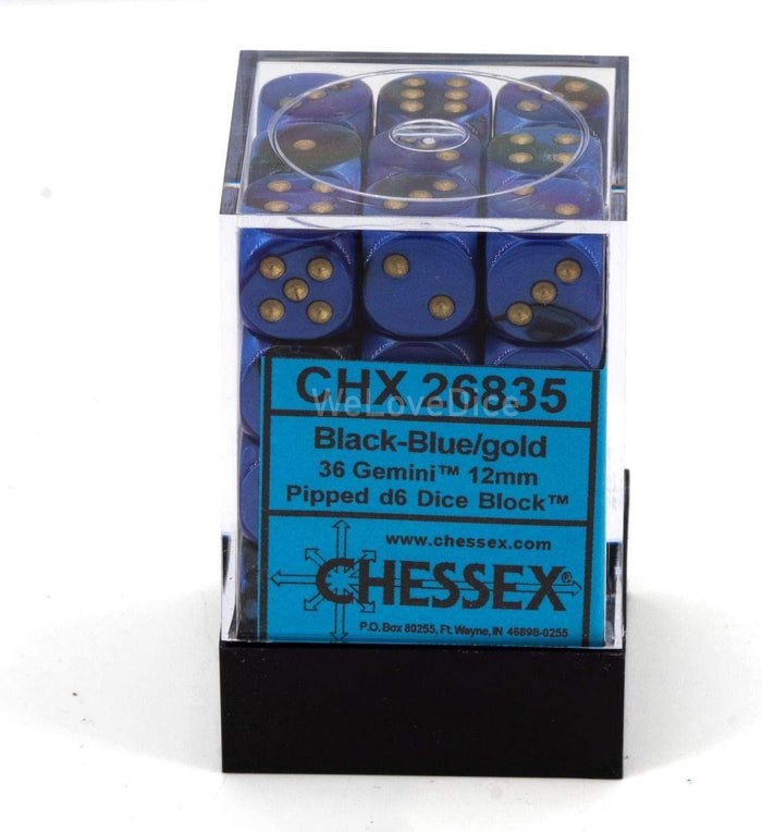 Chessex Dice Block: 36 Gemini Black-Blue with Gold d6 Dice