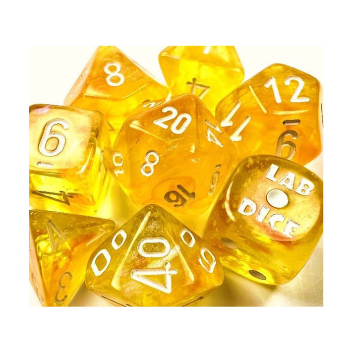 Chessex Dice Lab 6: Borealis 7-Piece Polyhedral Dice Set: Canary/White