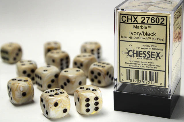Chessex: D6 Marble Dice Set 16mm Ivory with Black