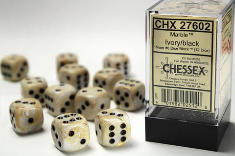 Chessex: D6 Marble Dice Set 16mm Ivory with Black