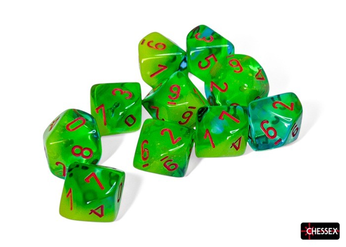 Chessex 10D10 Dice Set: Gemini Plasma Green & Teal & Orange Luminary