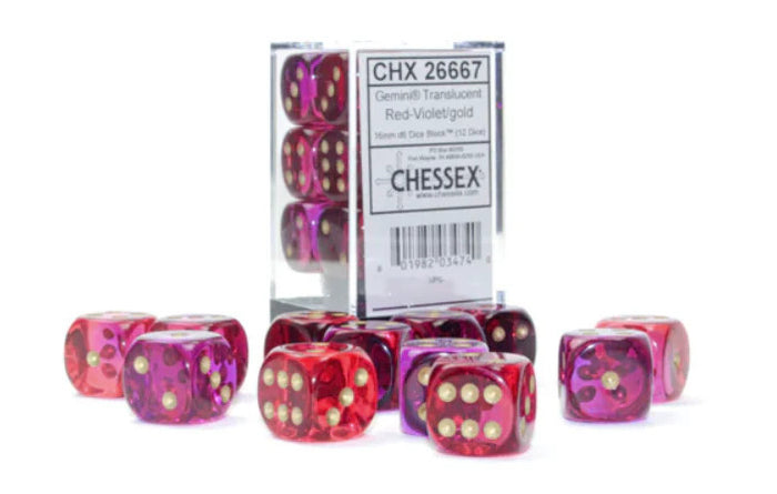 Chessex Gemini D6 Dice Set: 16mm Red-Violet/Gold (12 Dice)